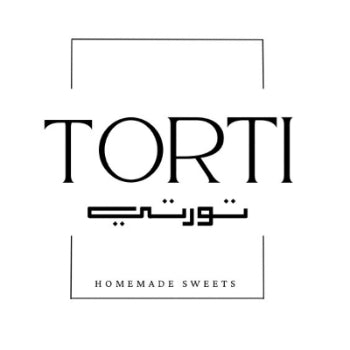 A minimalist black logo on a white background featuring the brand name 'TORTI' in large serif letters, Arabic script below, and 'HOMEMADE SWEETS' at the bottom.